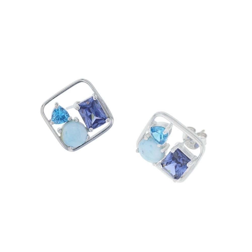 925 Sterling Silver Larimar Geometry TZ & Aqua CZ in Cutout Square Earrings